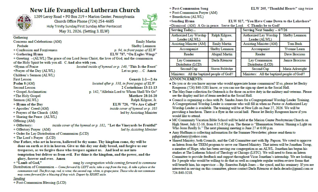 Two-column church bulletin for New Life Evangelical Lutheran Church, listing service schedule, hymns, ministries, and announcements for May 31, 2026, including leaders and serving today/next Sunday sections.