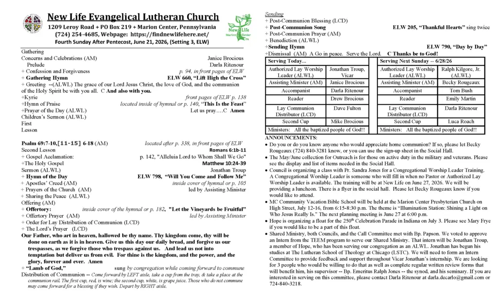 Front page of a church bulletin with service schedule, hymns, and announcements for New Life Evangelical Lutheran Church (June 21, 2026).