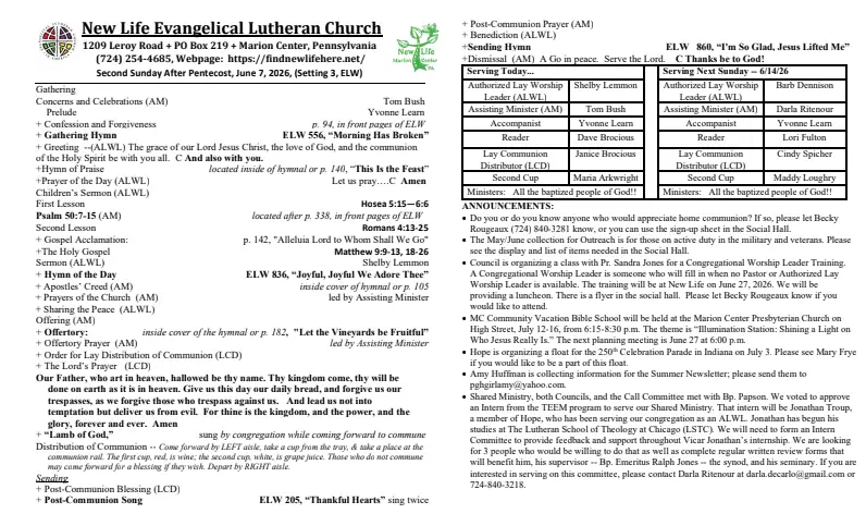 Front page of a church bulletin from New Life Evangelical Lutheran Church, with church logo, sermon/hymn listings, prayers, and two-column serving schedule for today and next Sunday.