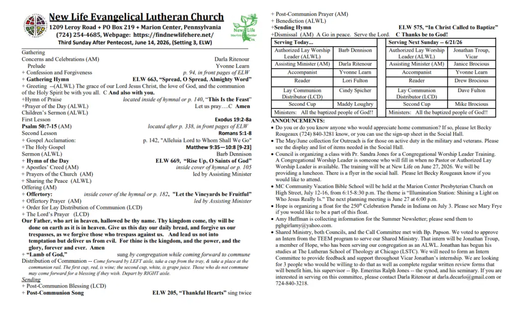 Church bulletin header and service schedule for New Life Evangelical Lutheran Church with worship plan, hymns, readings, and announcements.