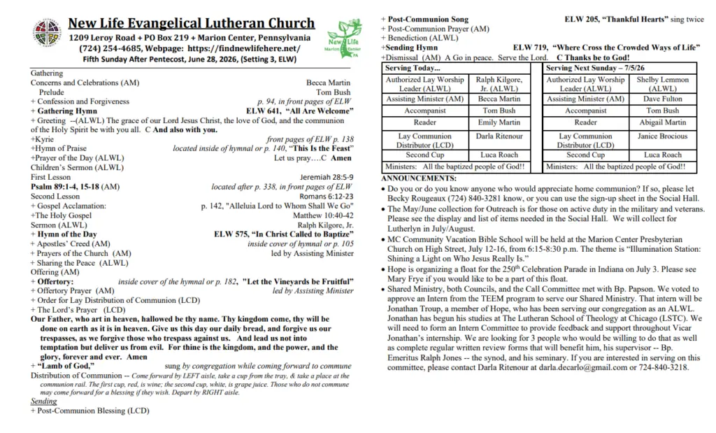 Church bulletin for New Life Evangelical Lutheran Church with service schedule, hymns, prayers, and weekly announcements.