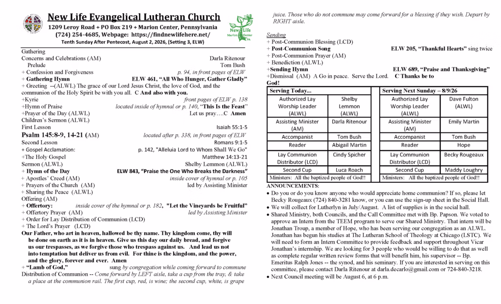 Two-column church program page showing service schedule, hymns, prayers, and a serving roster.