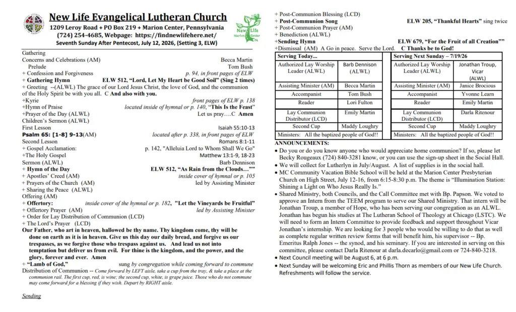 Front page of a church bulletin for New Life Evangelical Lutheran Church, showing service order, hymns, readings, and church announcements.