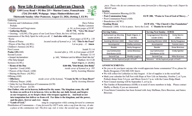 Front page church bulletin for New Life Evangelical Lutheran Church with worship schedule, hymns, announcements, and contact details.