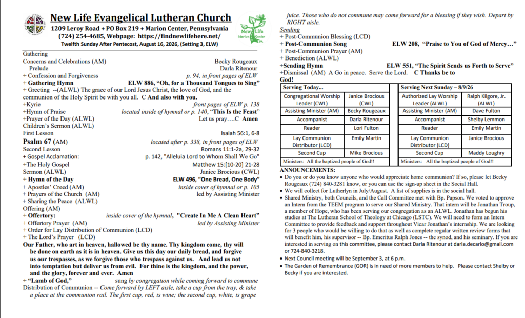 Two-page church bulletin for New Life Evangelical Lutheran Church with service order, hymns, readings, and announcements (today and next Sunday schedule).
